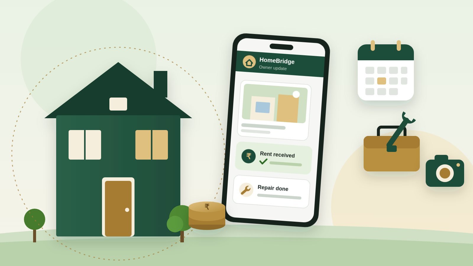 Illustration of a home with owner updates on a phone: rent received, repair done, inspection photos
