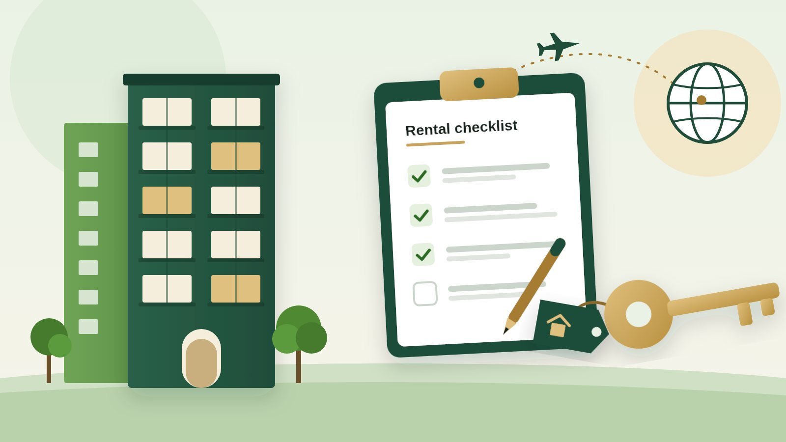 Illustration of an apartment, a checklist and house keys