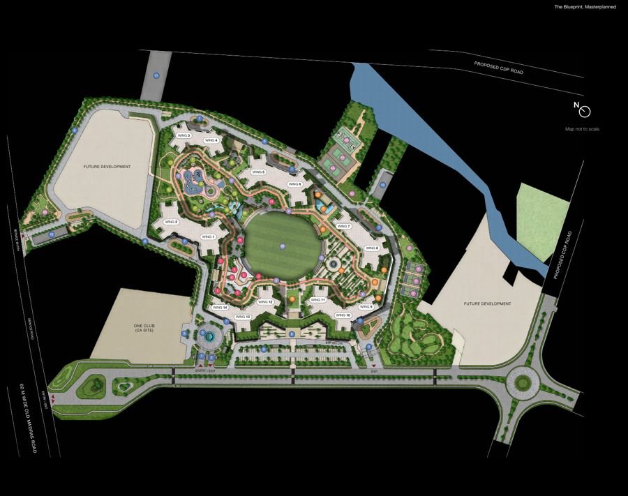SOBHA OneWorld master plan showing 14 wings around a central cricket ground