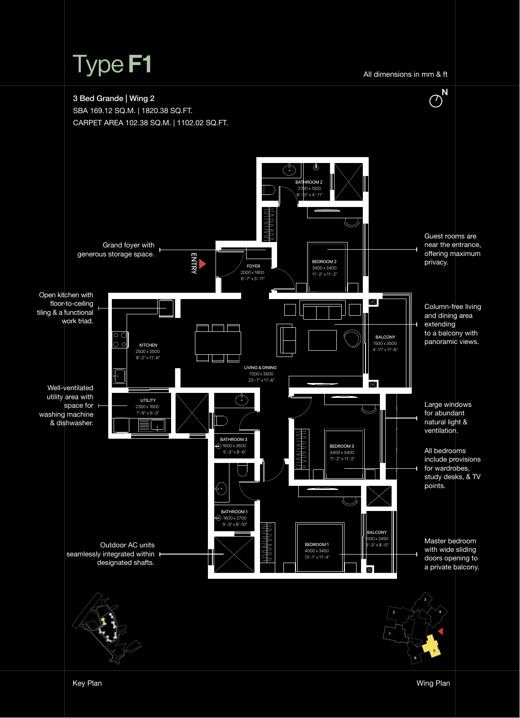 3 BHK Grande floor plan, Type F1