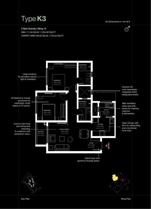 2 BHK Grande floor plan, Type K3